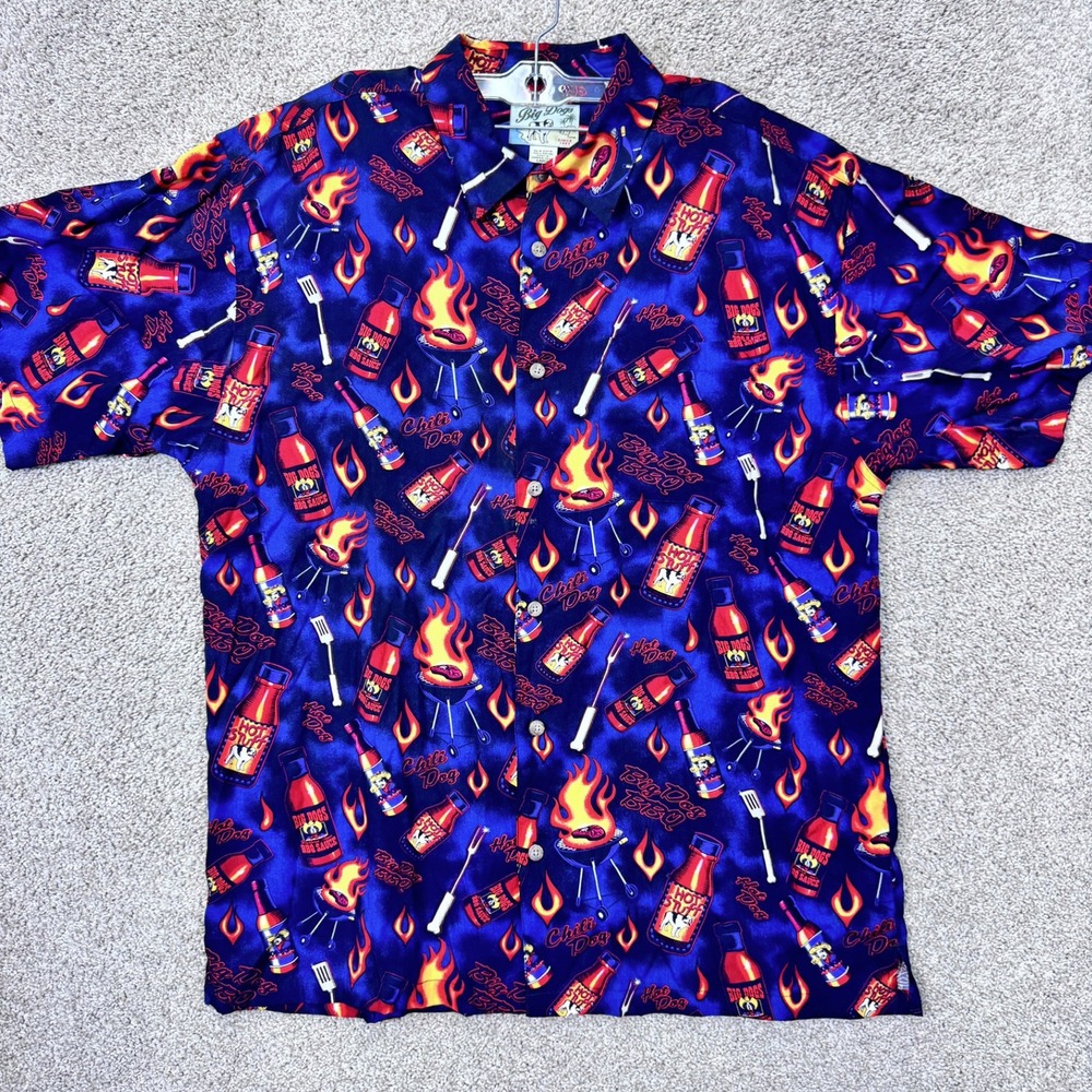 Big Dogs Shirt Mens Large BBQ Hot Sauce Flame Print Blue Button Down EUC